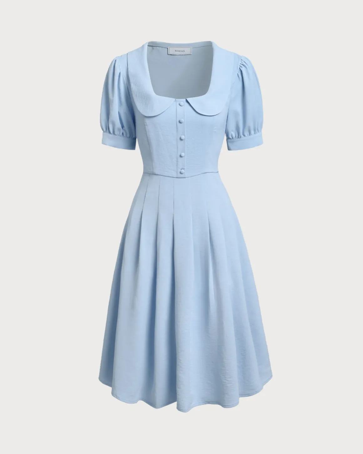 Blue U Neck Puffed Sleeve Pleated Midi Dress