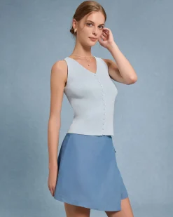 Blue V Neck Button Knit Tank Top