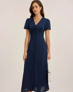 Blue V Neck Button Pleated Midi Dress