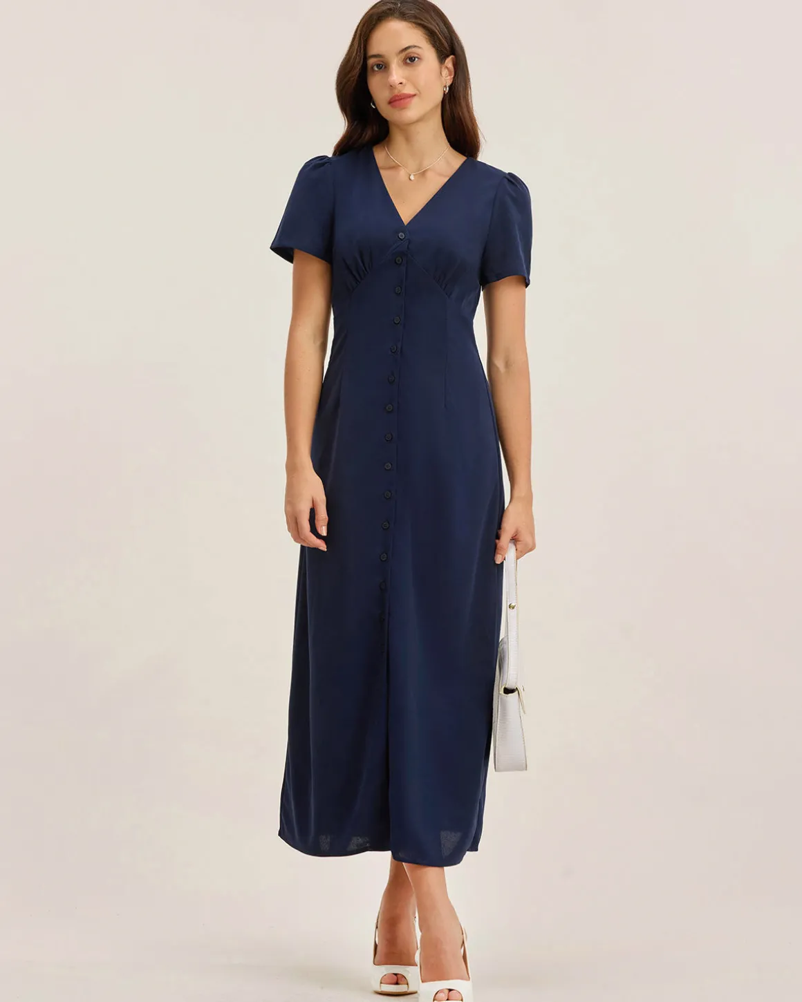 Blue V Neck Button Pleated Midi Dress
