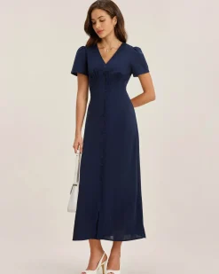 Blue V Neck Button Pleated Midi Dress