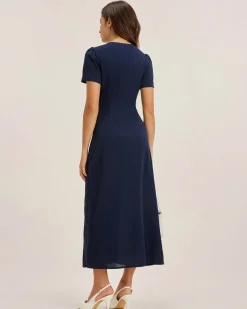 Blue V Neck Button Pleated Midi Dress