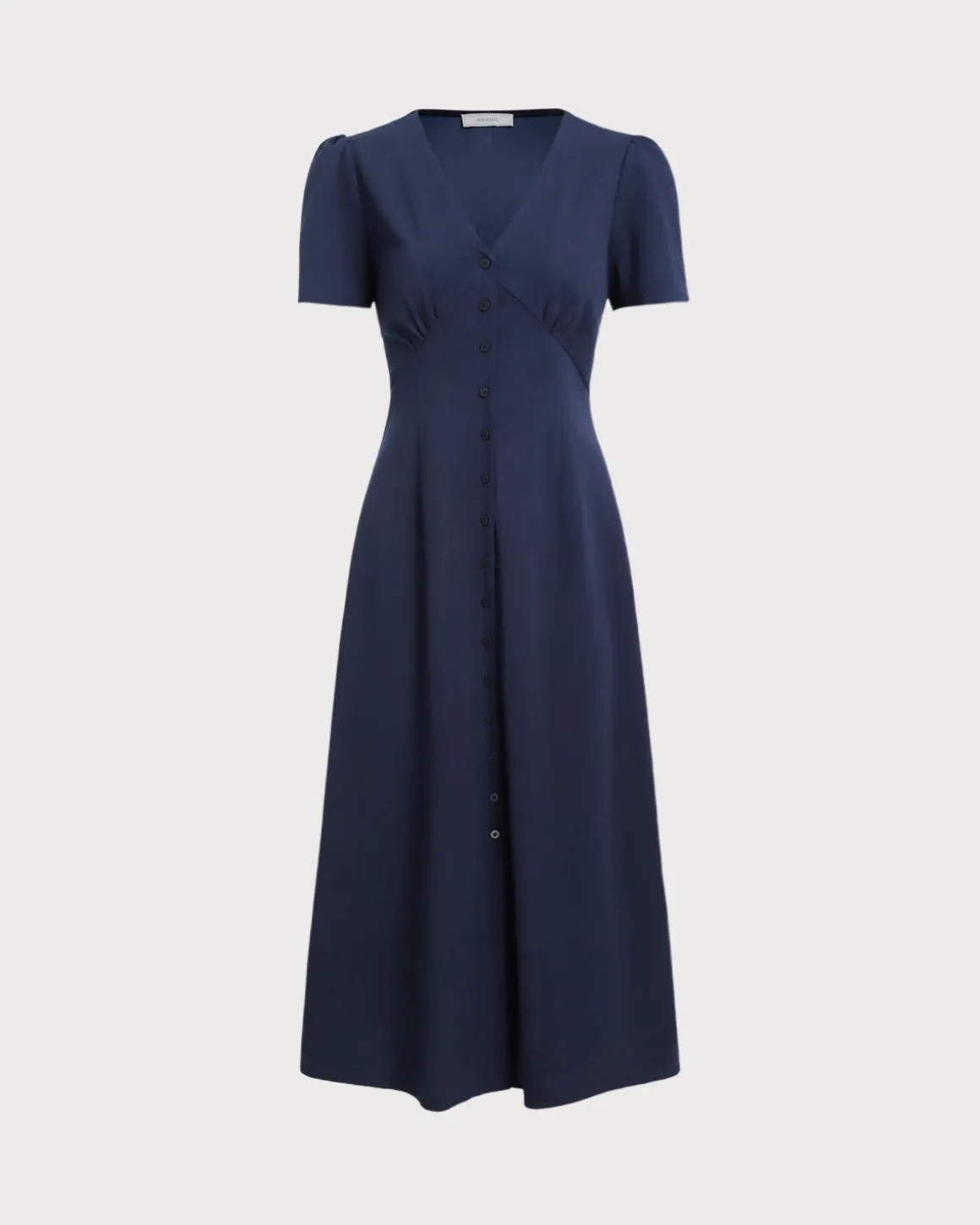 Blue V Neck Button Pleated Midi Dress