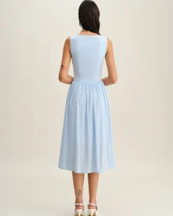 Blue V Neck Button Sleeveless Midi Dress