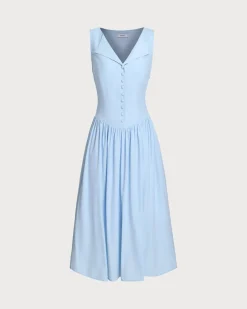 Blue V Neck Button Sleeveless Midi Dress