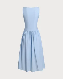 Blue V Neck Button Sleeveless Midi Dress