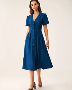 Blue V Neck Pleated Button Midi Dress