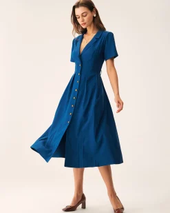 Blue V Neck Pleated Button Midi Dress