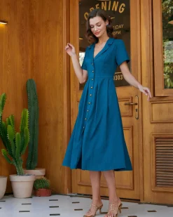 Blue V Neck Pleated Button Midi Dress