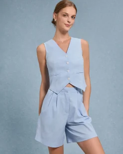 Blue V-Neck Vest Shorts Two-Piece Set