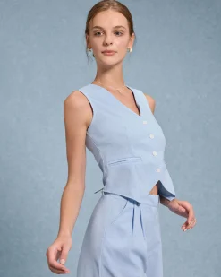 Blue V-Neck Vest Shorts Two-Piece Set