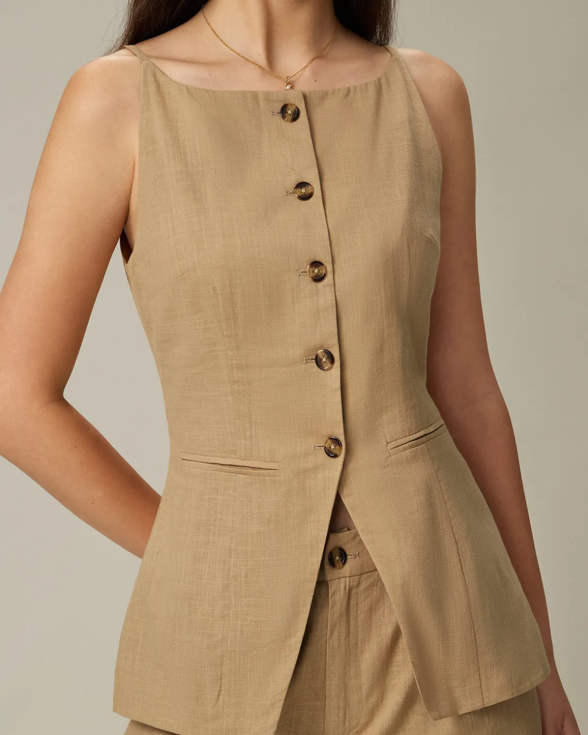 Brown Boat Neck Single Breasted Vest