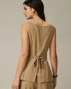 Brown Boat Neck Single Breasted Vest