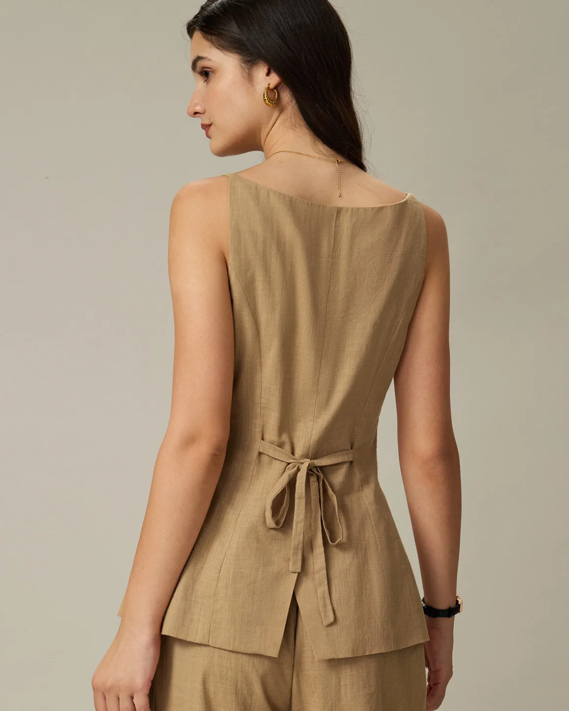 Brown Boat Neck Single Breasted Vest