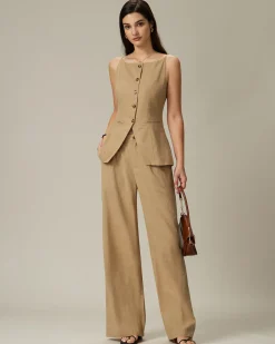 Brown Boat Neck Single Breasted Vest