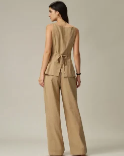 Brown Boat Neck Single Breasted Vest