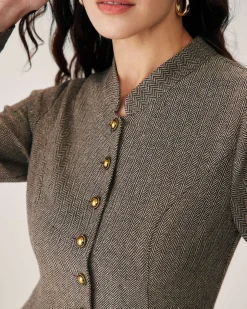 Brown Button Pleated Mini Dress