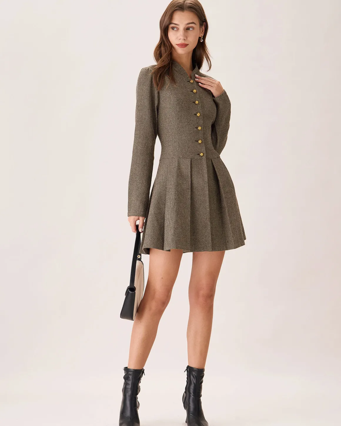 Brown Button Pleated Mini Dress