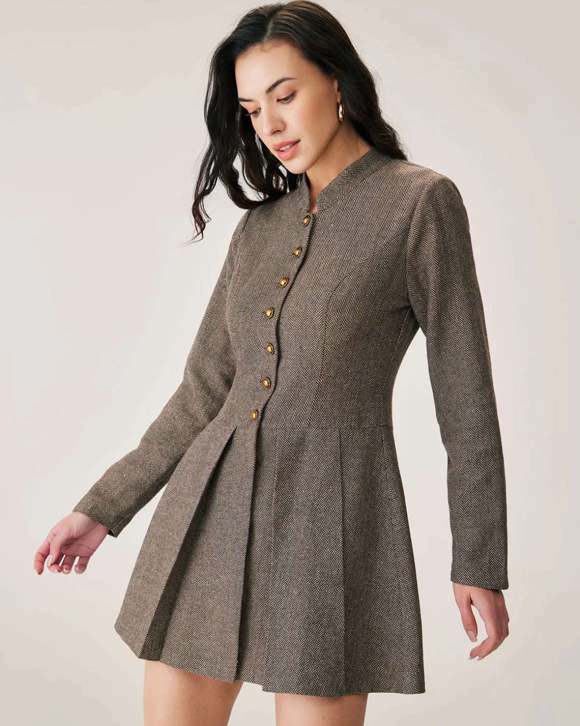 Brown Button Pleated Mini Dress