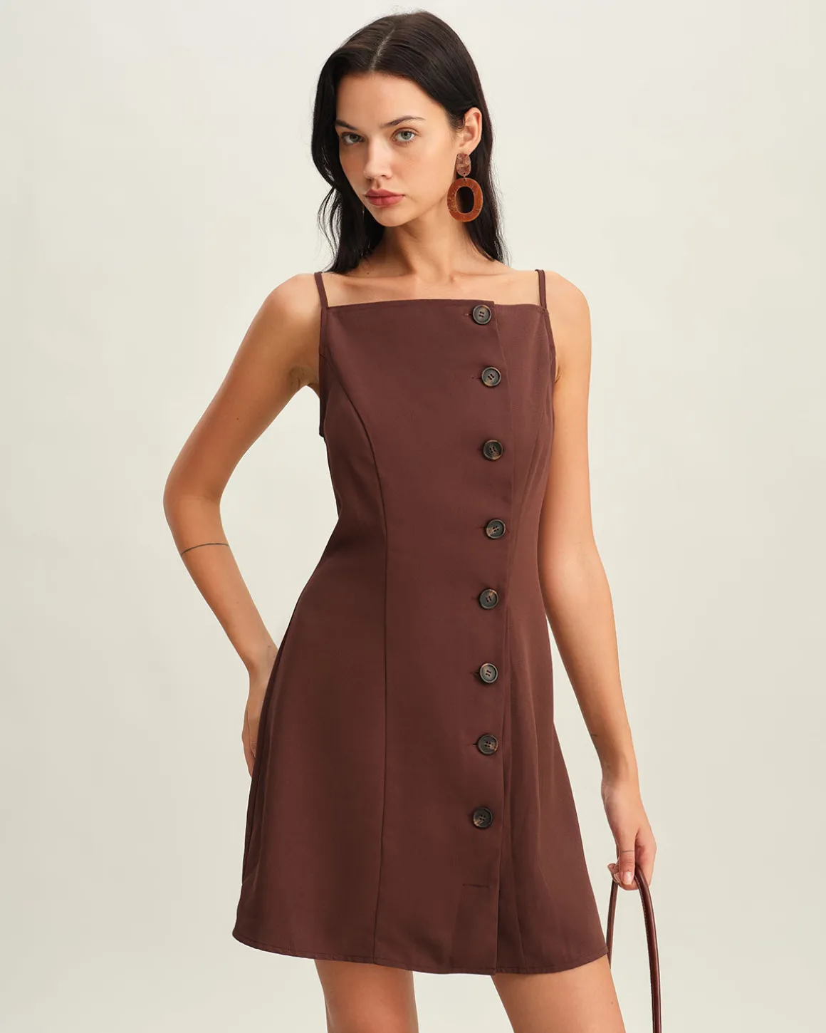 Brown Button Pleated Slip Mini Dress