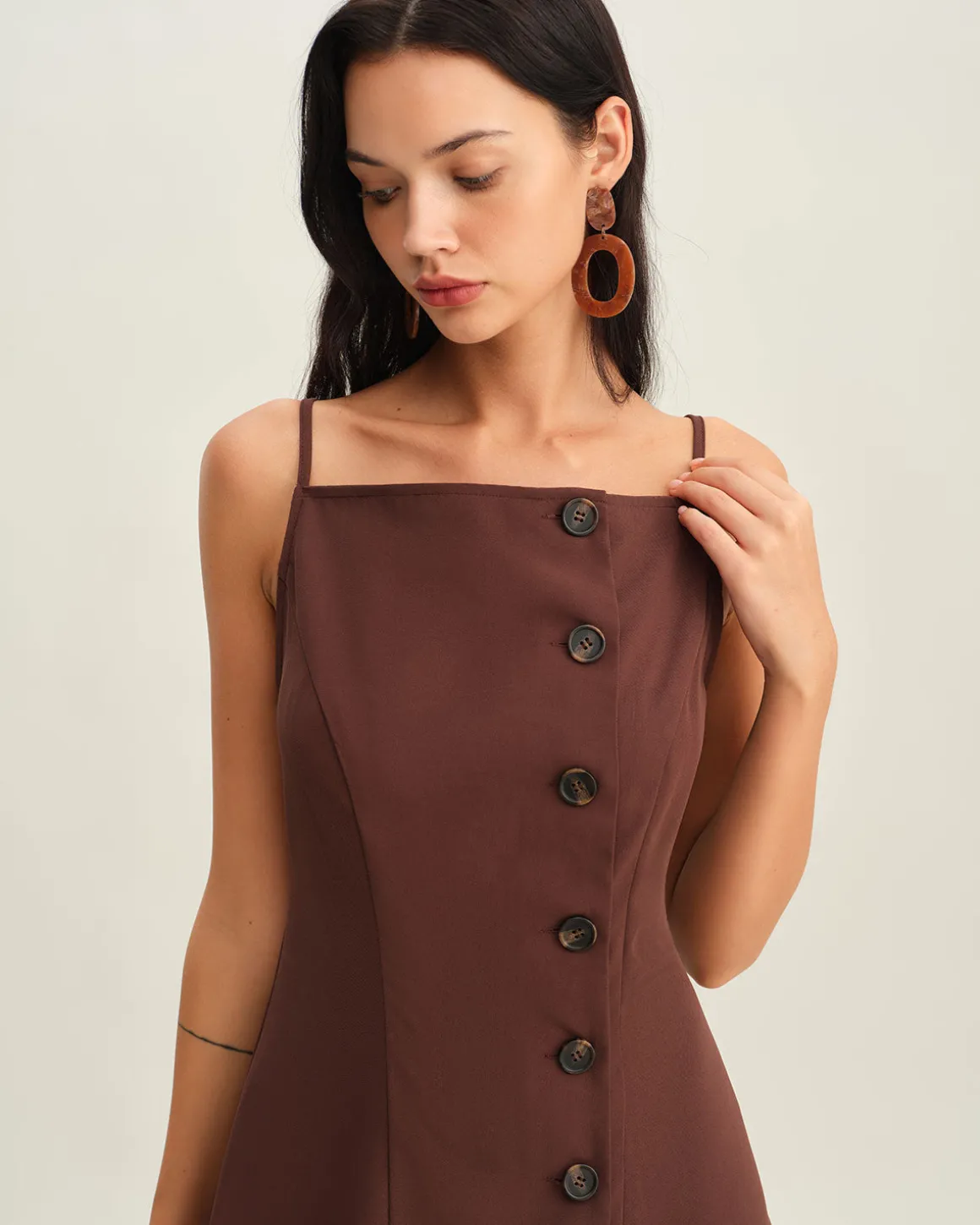 Brown Button Pleated Slip Mini Dress