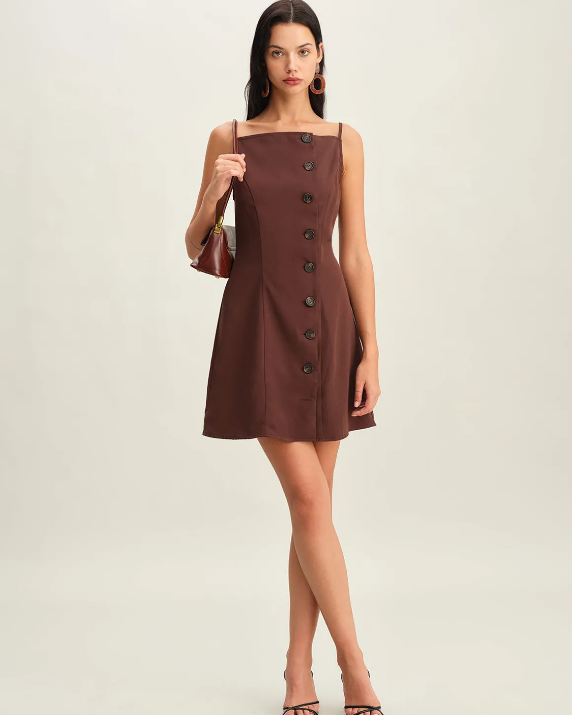 Brown Button Pleated Slip Mini Dress