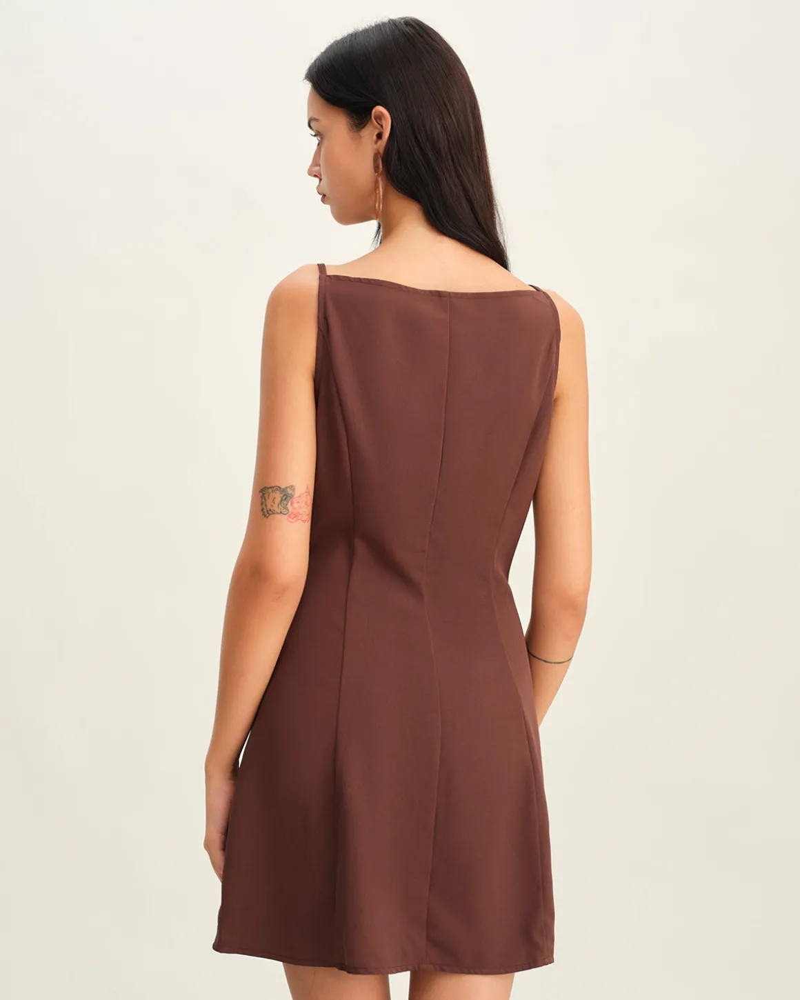 Brown Button Pleated Slip Mini Dress