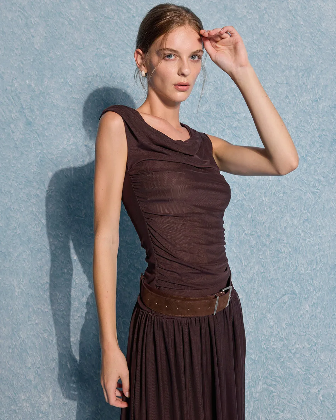 Brown Cowl Neck Belt Sleeveless Maxi Dress