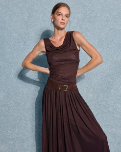 Brown Cowl Neck Belt Sleeveless Maxi Dress