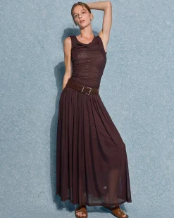 Brown Cowl Neck Belt Sleeveless Maxi Dress