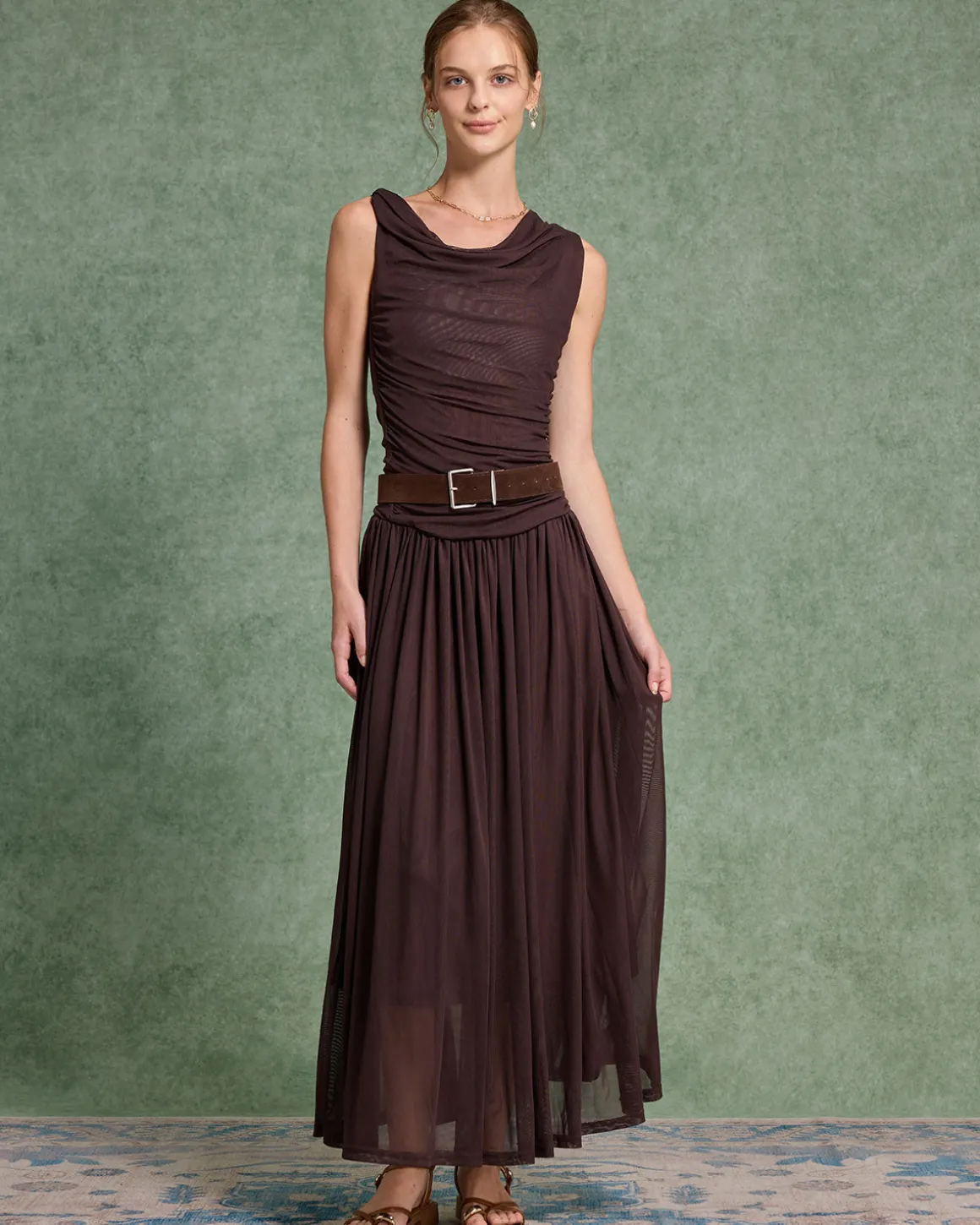 Brown Cowl Neck Belt Sleeveless Maxi Dress