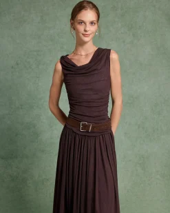 Brown Cowl Neck Belt Sleeveless Maxi Dress