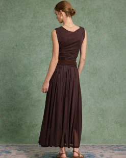 Brown Cowl Neck Belt Sleeveless Maxi Dress