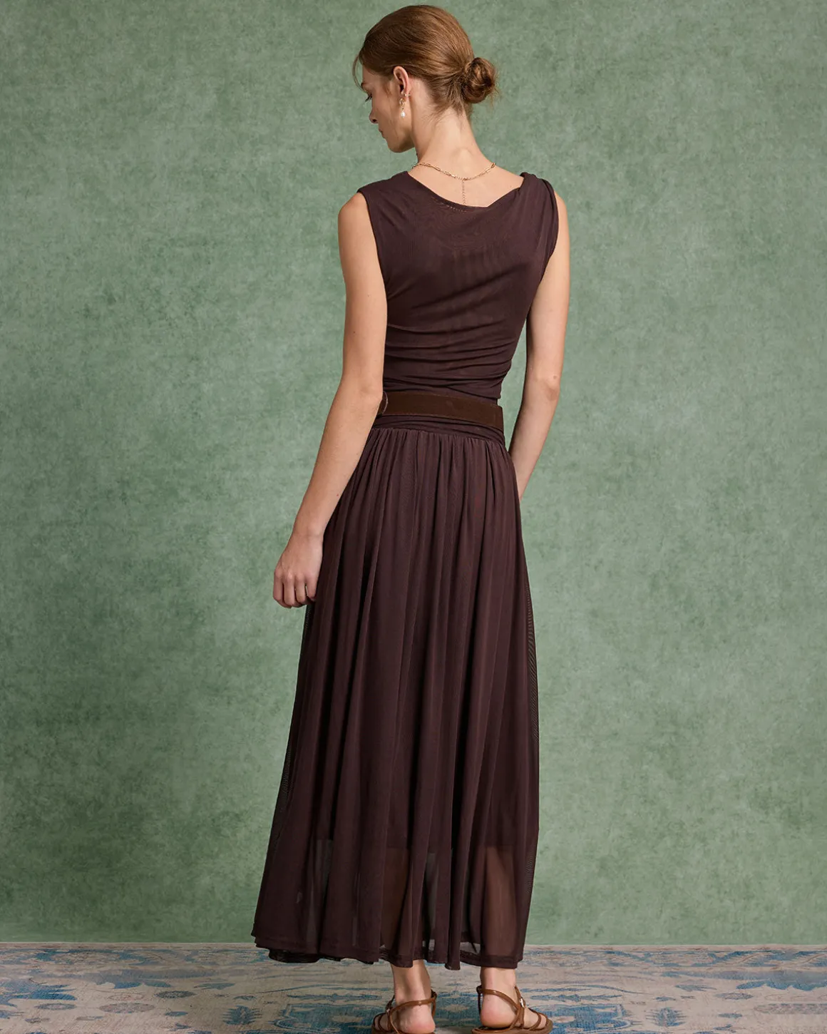 Brown Cowl Neck Belt Sleeveless Maxi Dress