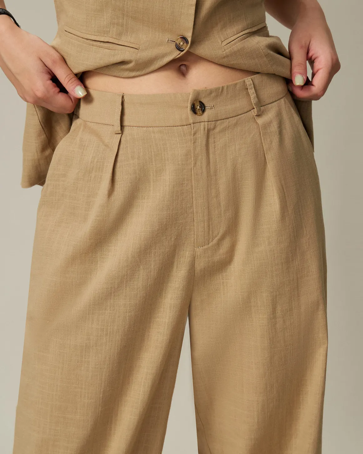 Brown Elastic Waist Pocket Straight Pants