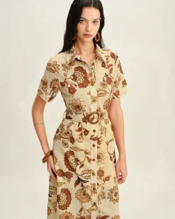 Brown Floral Belted Midi Dress
