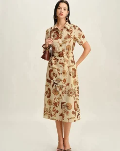 Brown Floral Belted Midi Dress