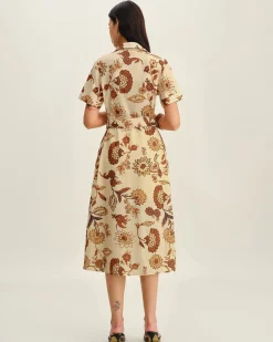 Brown Floral Belted Midi Dress