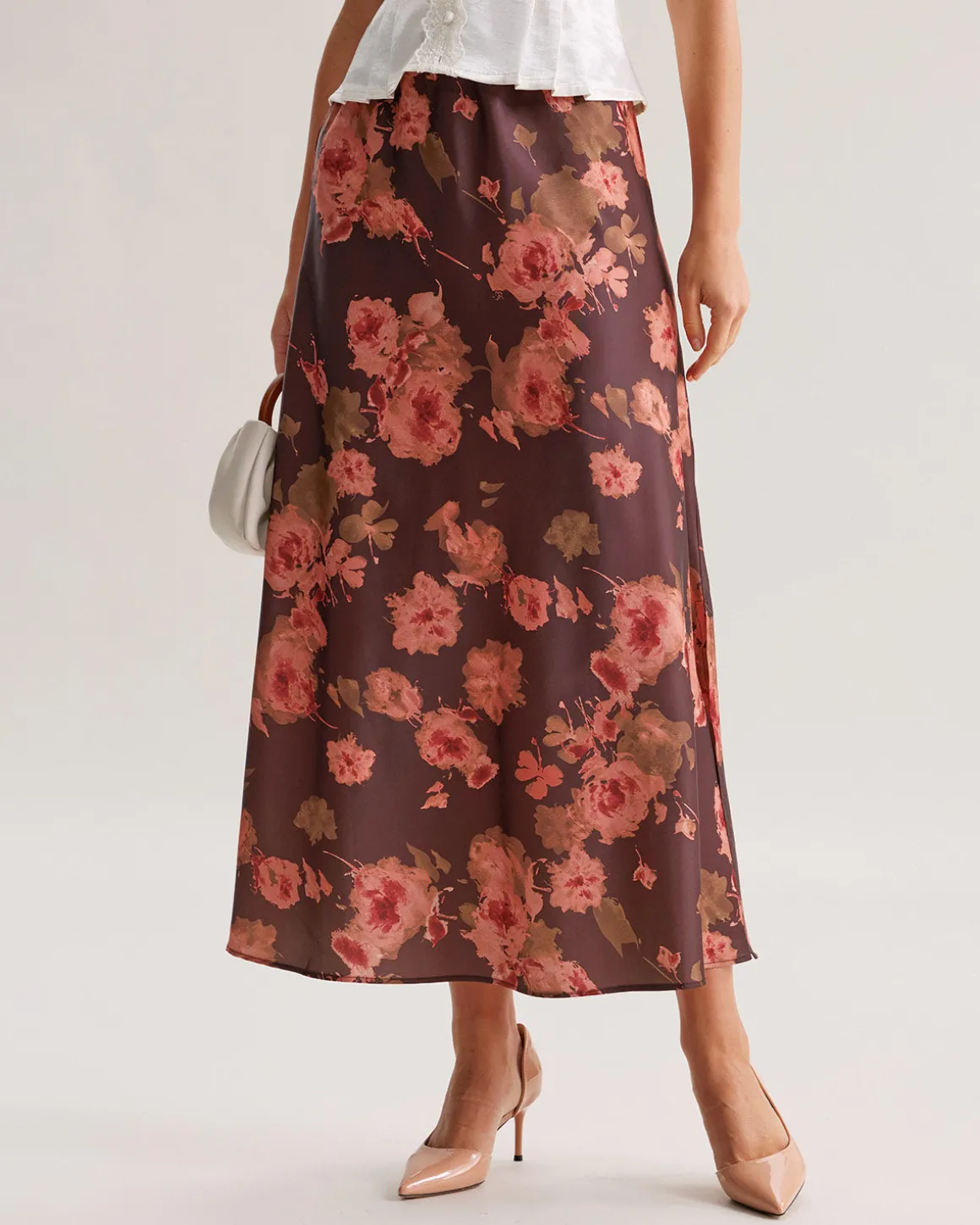 Brown Floral Straight Midi Skirt