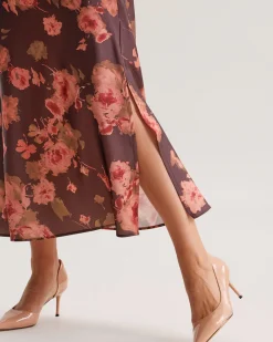 Brown Floral Straight Midi Skirt