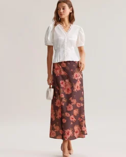 Brown Floral Straight Midi Skirt
