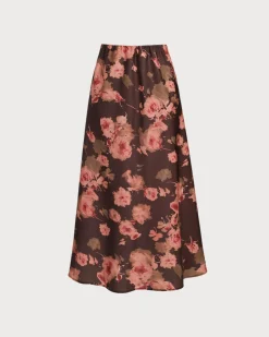 Brown Floral Straight Midi Skirt