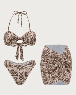 Brown Geometric Three-Piece Bikini Set