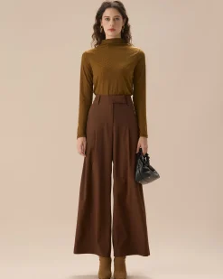 Brown High Waisted Pockets Straight Pants