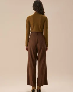 Brown High Waisted Pockets Straight Pants