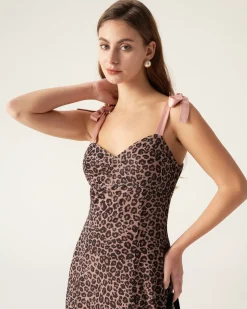 Brown Leopard Sweetheart Neck Slip Maxi Dress