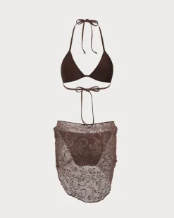 Brown Mesh Bikini Three Piece Suit