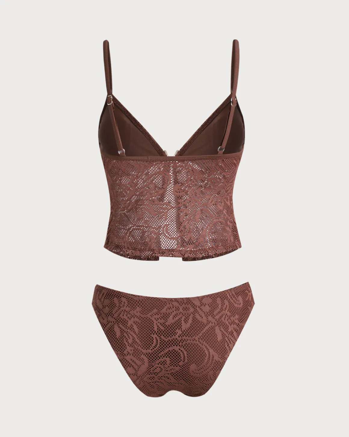 Brown Mesh Slit Tankini Swimsuit