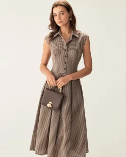 Brown Plaid Button Pleated Midi Dress