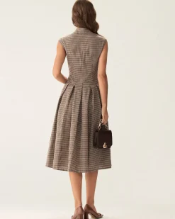 Brown Plaid Button Pleated Midi Dress